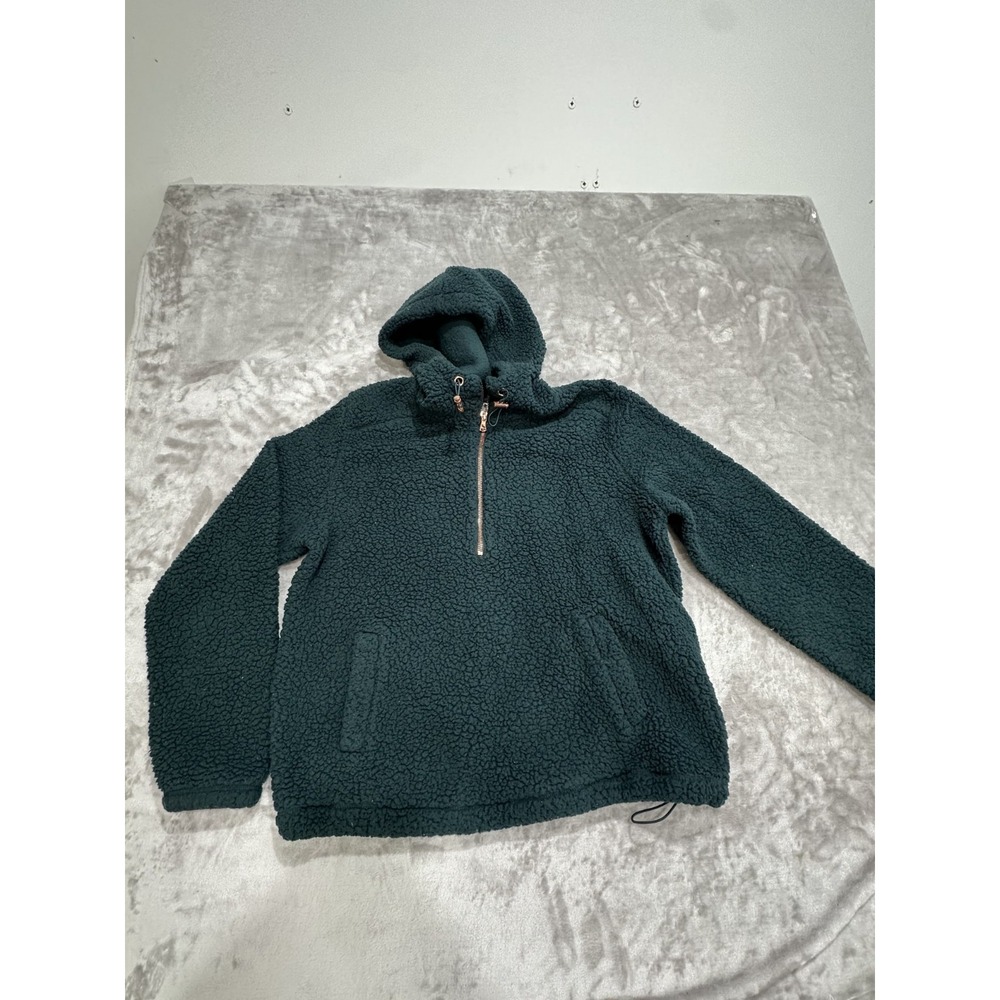 Old Navy Sherpa Pullover Sweater Jacket Women's Size Small Green Hooded 1/4 Zip